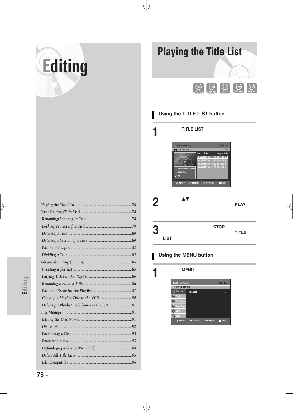 Editing, Playing the title list, 76 - english | Samsung DVD-VR345-XAA User Manual | Page 76 / 109