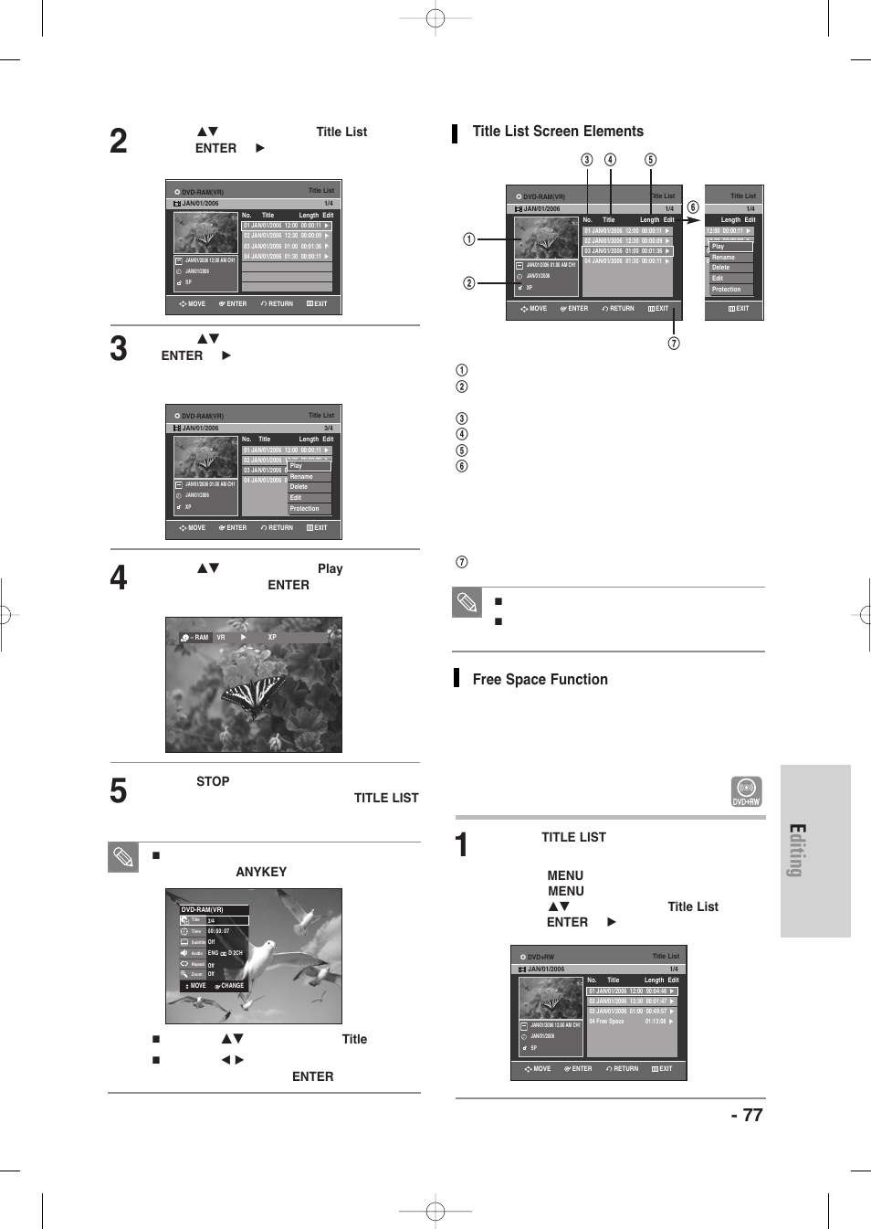 Editing, English - 77, Title list screen elements | Free space function, Button twice. the title list screen is displayed, Press the | Samsung DVD-VR345-XAA User Manual | Page 77 / 109