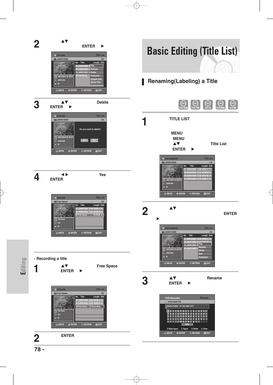 Basic editing (title list), Renaming(labeling)a itle, Editing | 78 - english, Renaming(labeling) a title, Press the enter button | Samsung DVD-VR345-XAA User Manual | Page 78 / 109