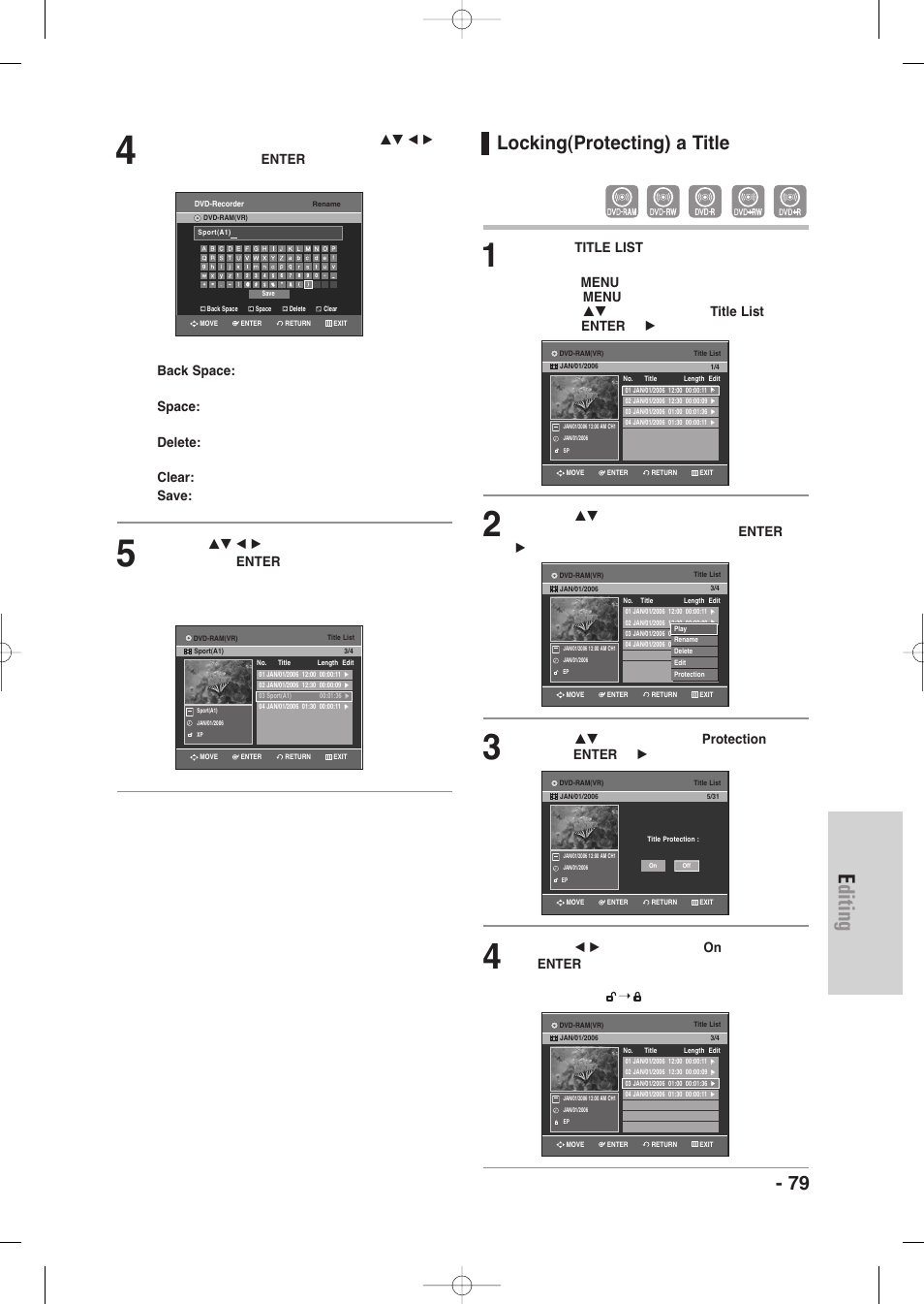 Locking(protecting)a itle, Editing, English - 79 | Locking(protecting) a title | Samsung DVD-VR345-XAA User Manual | Page 79 / 109