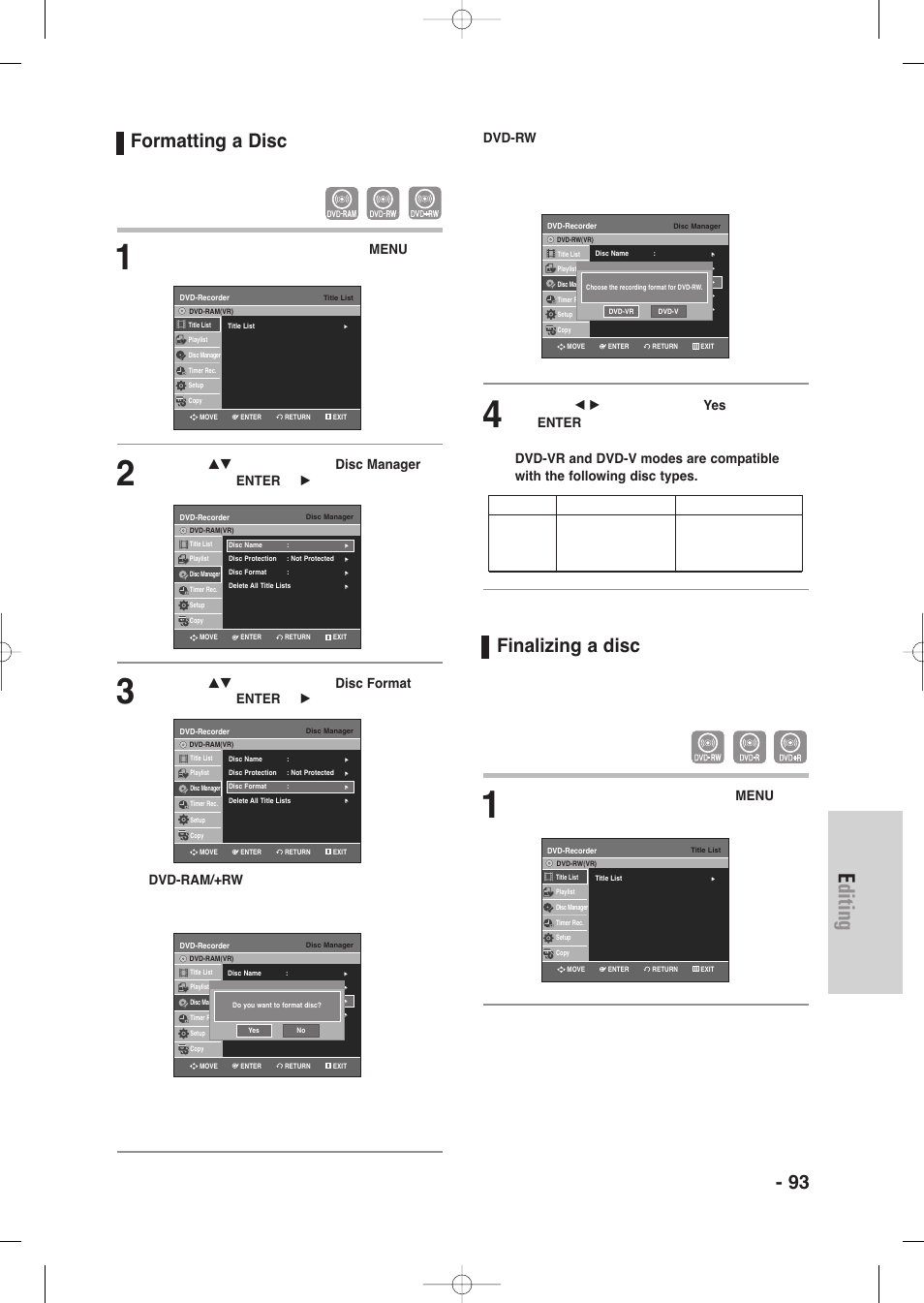 Formatting a disc, Finalizing a disc, Editing | English - 93, With the unit in stop mode, press the menu button, Dvd-vr dvd-v dvd-ram dvd-rw dvd-rw dvd-r disc | Samsung DVD-VR345-XAA User Manual | Page 93 / 109