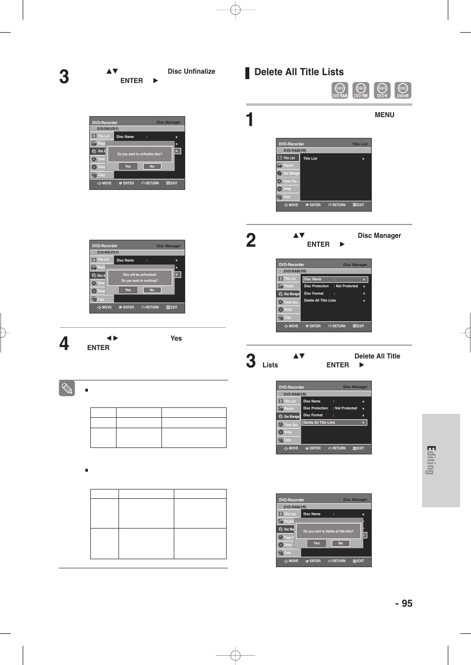 Delete all title lists, Editing, English - 95 | With the unit in stop mode, press the menu button | Samsung DVD-VR345-XAA User Manual | Page 95 / 109
