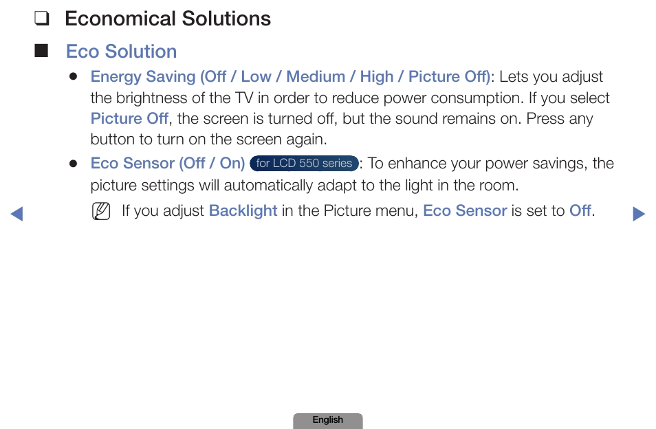 Economical solutions, Eco solution | Samsung LN19D450G1DXZA User Manual | Page 105 / 200