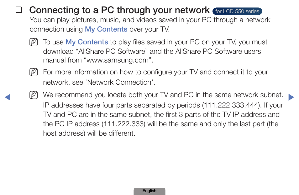 Connecting to a pc through your network | Samsung LN19D450G1DXZA User Manual | Page 138 / 200