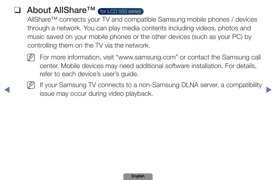 Allshare, For lcd 550 series, About allshare | Samsung LN19D450G1DXZA User Manual | Page 174 / 200