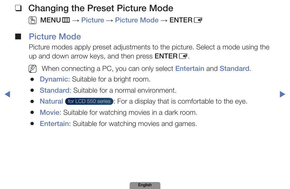 Picture menu, Changing the preset picture mode, Picture mode | Samsung LN19D450G1DXZA User Manual | Page 25 / 200
