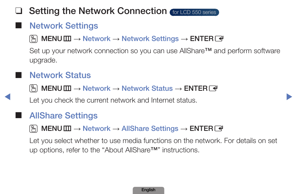Network, For lcd 550 series, Setting the network connection | Network settings o, Network status o, Allshare settings o | Samsung LN19D450G1DXZA User Manual | Page 51 / 200