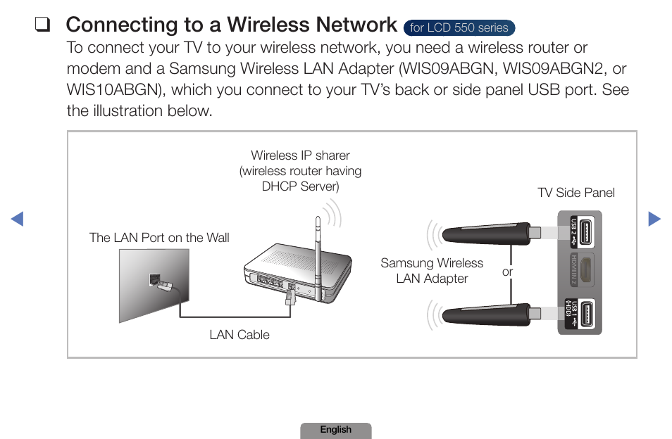 Connecting to a wireless network | Samsung LN19D450G1DXZA User Manual | Page 62 / 200