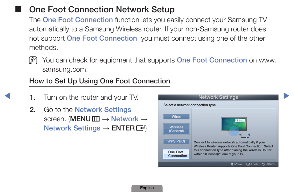 One foot connection network setup | Samsung LN19D450G1DXZA User Manual | Page 78 / 200