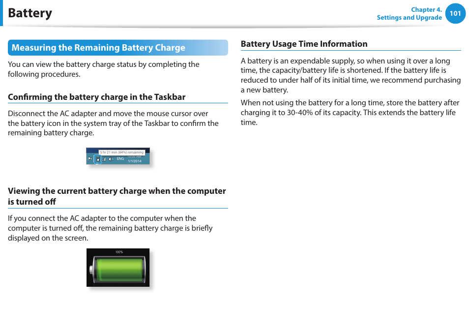 Battery, Measuring the remaining battery charge | Samsung NP915S3G-K01US User Manual | Page 101 / 145