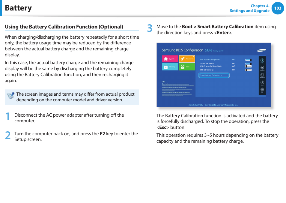 Battery, Using the battery calibration function (optional) | Samsung NP915S3G-K01US User Manual | Page 103 / 145