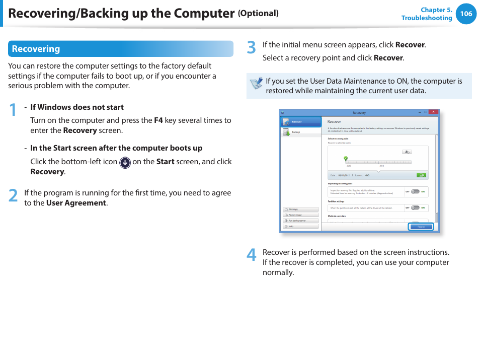 Recovering/backing up the computer | Samsung NP915S3G-K01US User Manual | Page 106 / 145