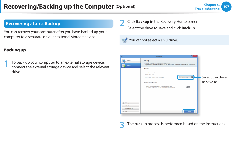 Recovering/backing up the computer | Samsung NP915S3G-K01US User Manual | Page 107 / 145