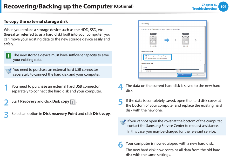 Recovering/backing up the computer | Samsung NP915S3G-K01US User Manual | Page 109 / 145