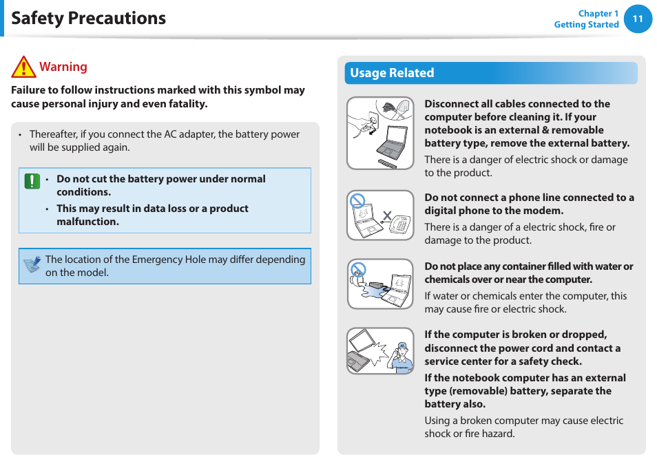 Safety precautions, Warning, Usage related | Samsung NP915S3G-K01US User Manual | Page 11 / 145