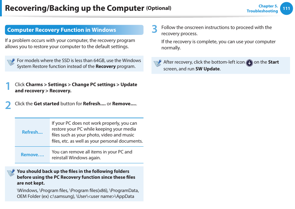 Recovering/backing up the computer | Samsung NP915S3G-K01US User Manual | Page 111 / 145