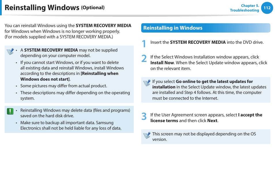 Reinstalling windows (optional), Reinstalling windows | Samsung NP915S3G-K01US User Manual | Page 112 / 145