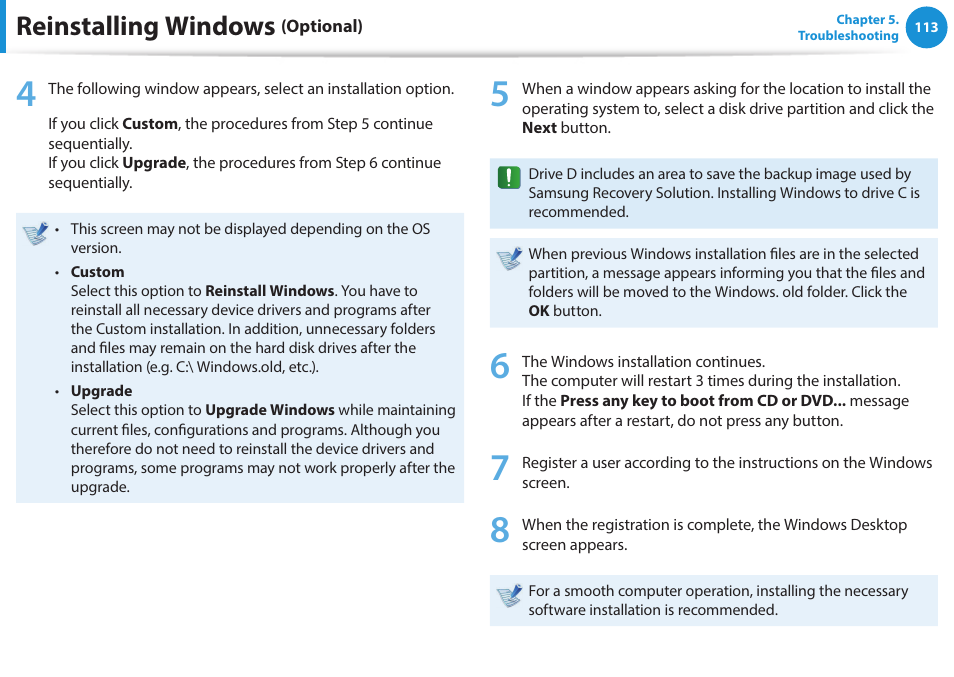 Reinstalling windows | Samsung NP915S3G-K01US User Manual | Page 113 / 145