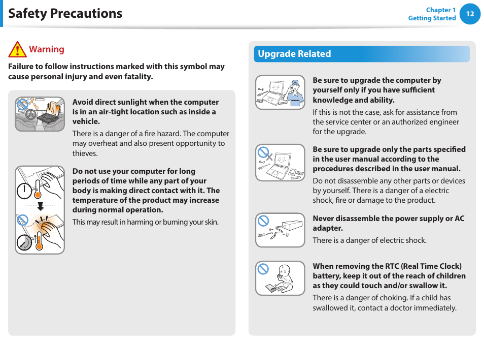 Safety precautions, Upgrade related, Warning | Samsung NP915S3G-K01US User Manual | Page 12 / 145