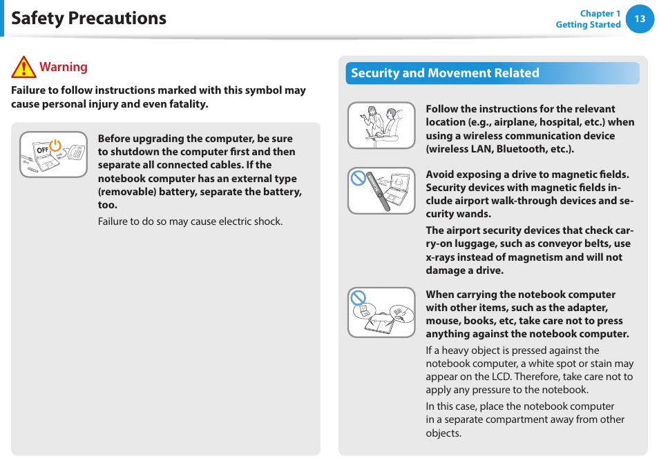 Safety precautions, Security and movement related, Warning | Samsung NP915S3G-K01US User Manual | Page 13 / 145