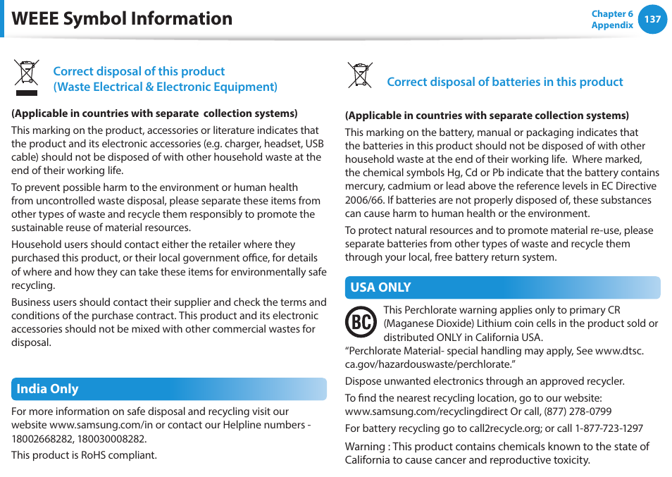 Weee symbol information | Samsung NP915S3G-K01US User Manual | Page 137 / 145