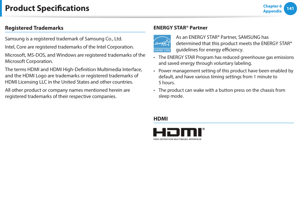 Product specifications | Samsung NP915S3G-K01US User Manual | Page 141 / 145
