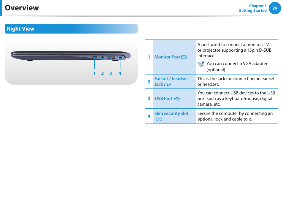 Overview, Right view | Samsung NP915S3G-K01US User Manual | Page 26 / 145