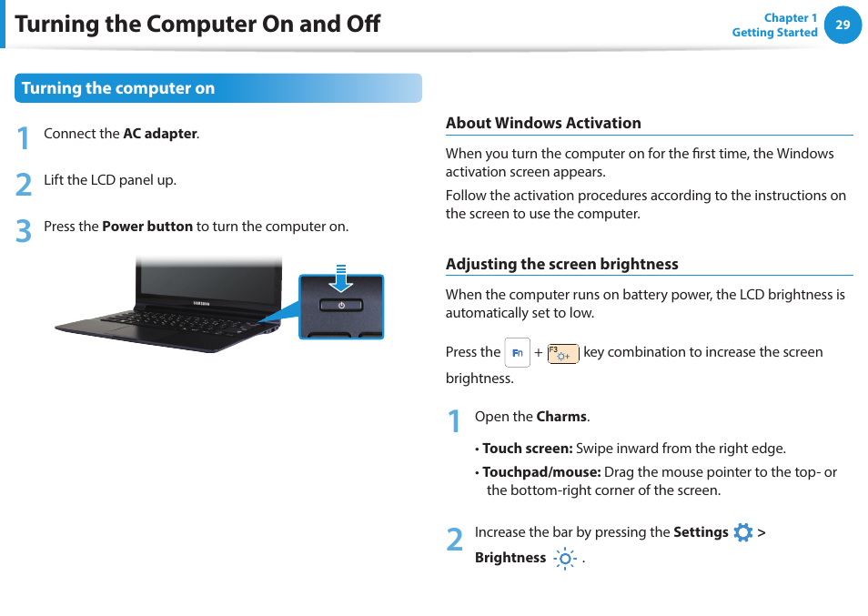 Turning the computer on and off | Samsung NP915S3G-K01US User Manual | Page 29 / 145