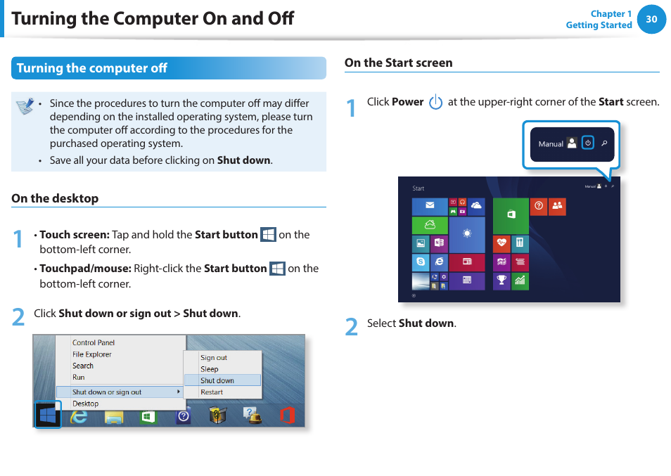 Turning the computer on and off | Samsung NP915S3G-K01US User Manual | Page 30 / 145