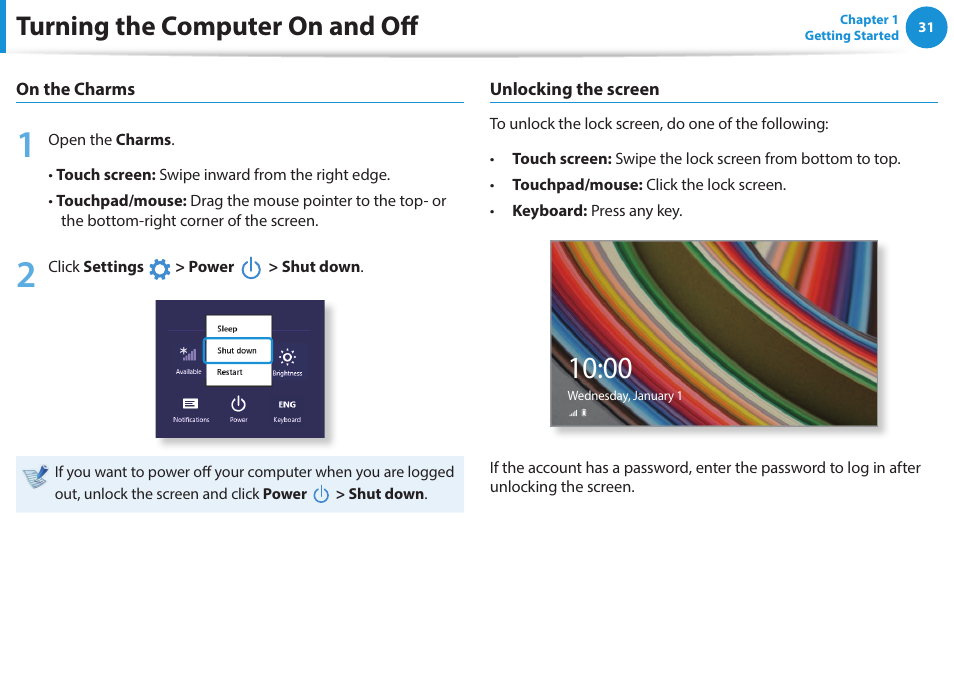 Turning the computer on and off | Samsung NP915S3G-K01US User Manual | Page 31 / 145