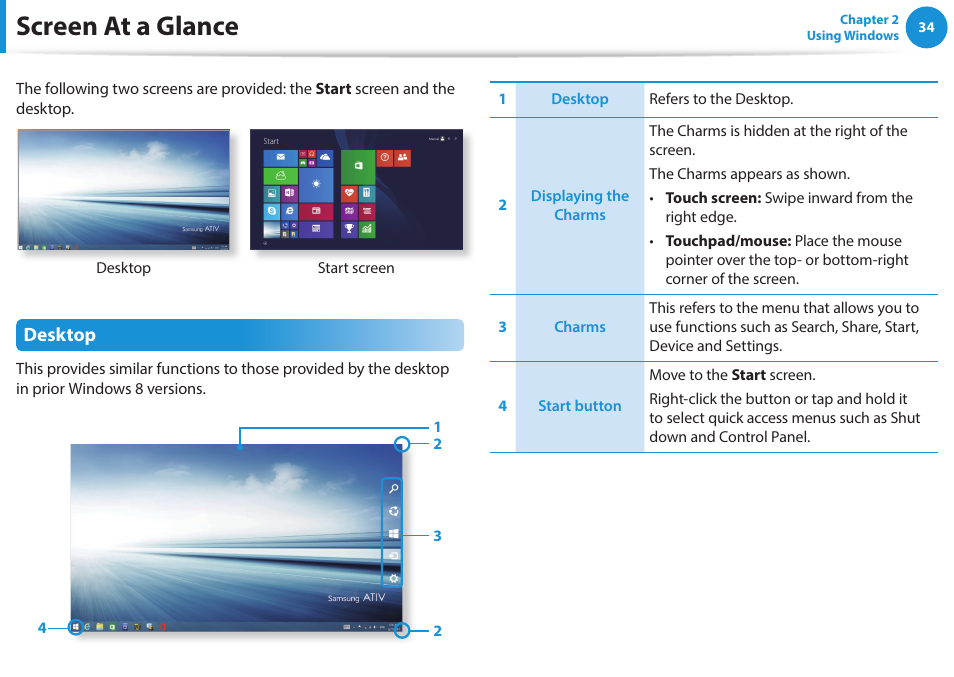 Screen at a glance, Desktop | Samsung NP915S3G-K01US User Manual | Page 34 / 145
