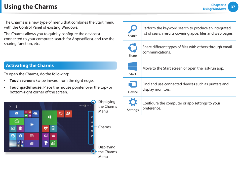 Using the charms, Activating the charms | Samsung NP915S3G-K01US User Manual | Page 37 / 145