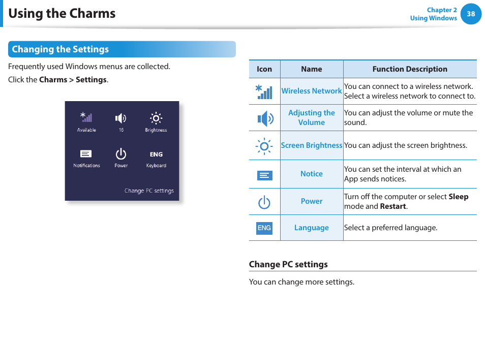 Using the charms | Samsung NP915S3G-K01US User Manual | Page 38 / 145