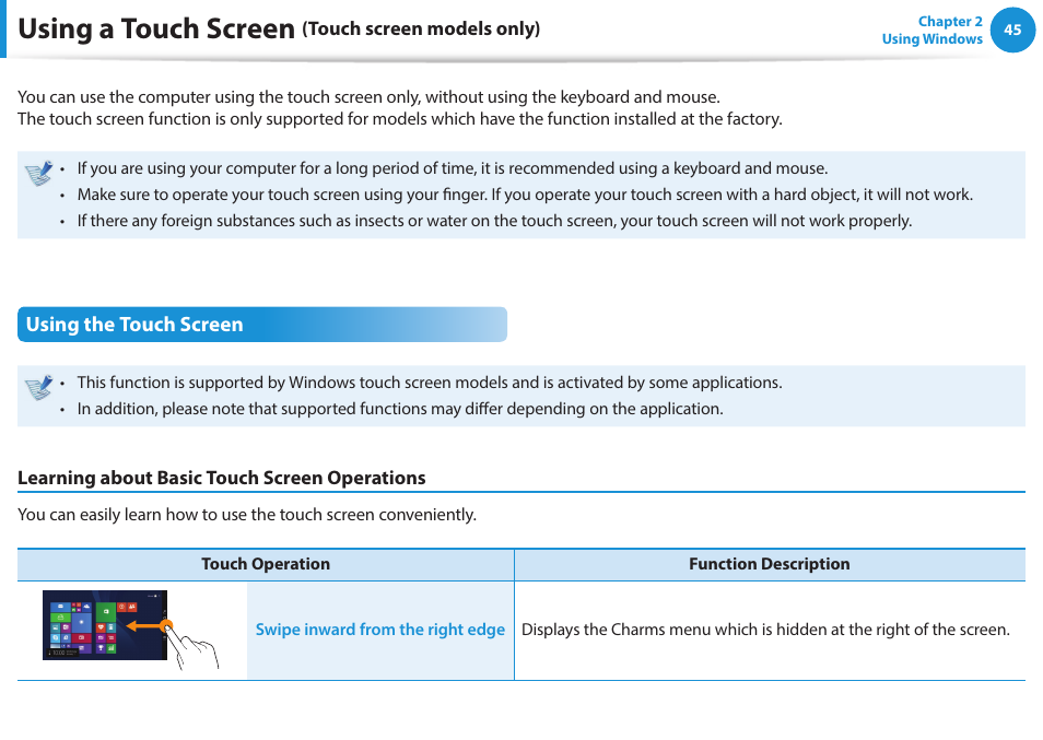 Using a touch screen (touch screen models only), Using a touch screen (touch screen models only) 45, Using a touch screen | Samsung NP915S3G-K01US User Manual | Page 45 / 145