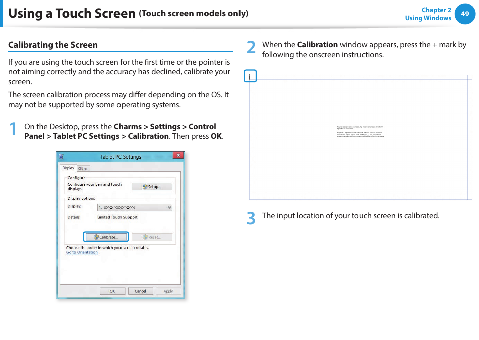 Using a touch screen | Samsung NP915S3G-K01US User Manual | Page 49 / 145