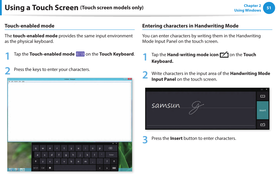 Using a touch screen | Samsung NP915S3G-K01US User Manual | Page 51 / 145