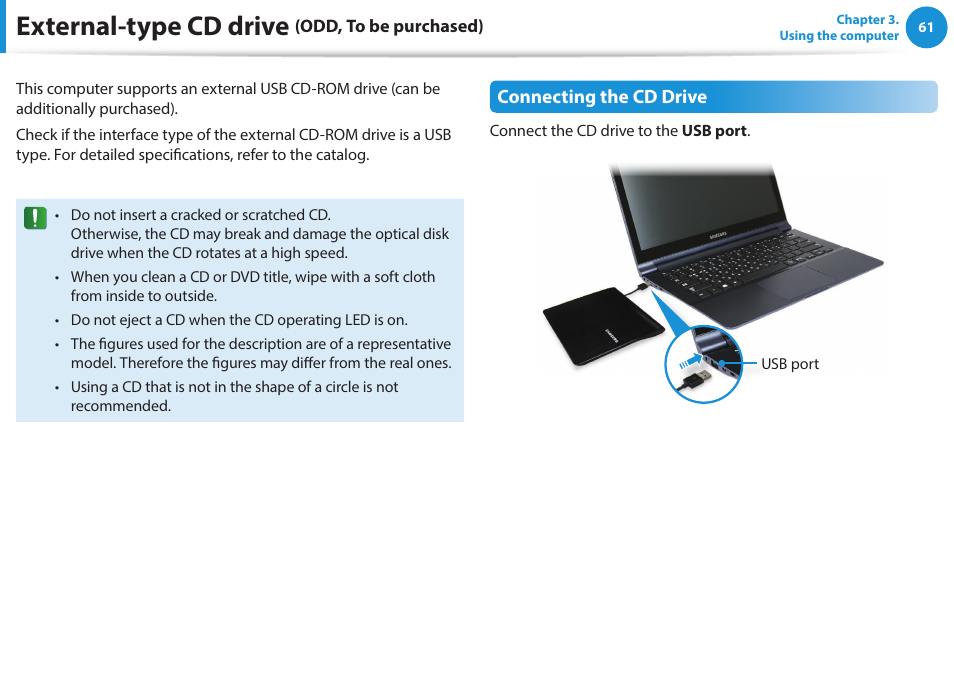 External-type cd drive (odd, to be purchased), External-type cd drive | Samsung NP915S3G-K01US User Manual | Page 61 / 145