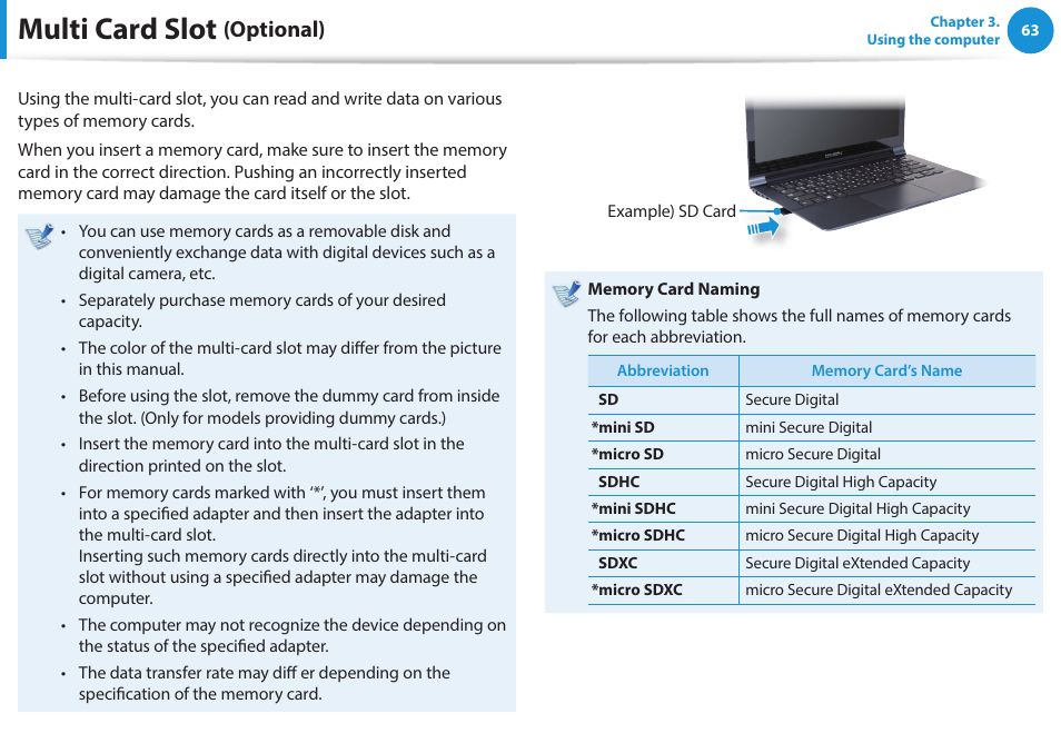 Multi card slot (optional), Multi card slot, Optional) | Samsung NP915S3G-K01US User Manual | Page 63 / 145