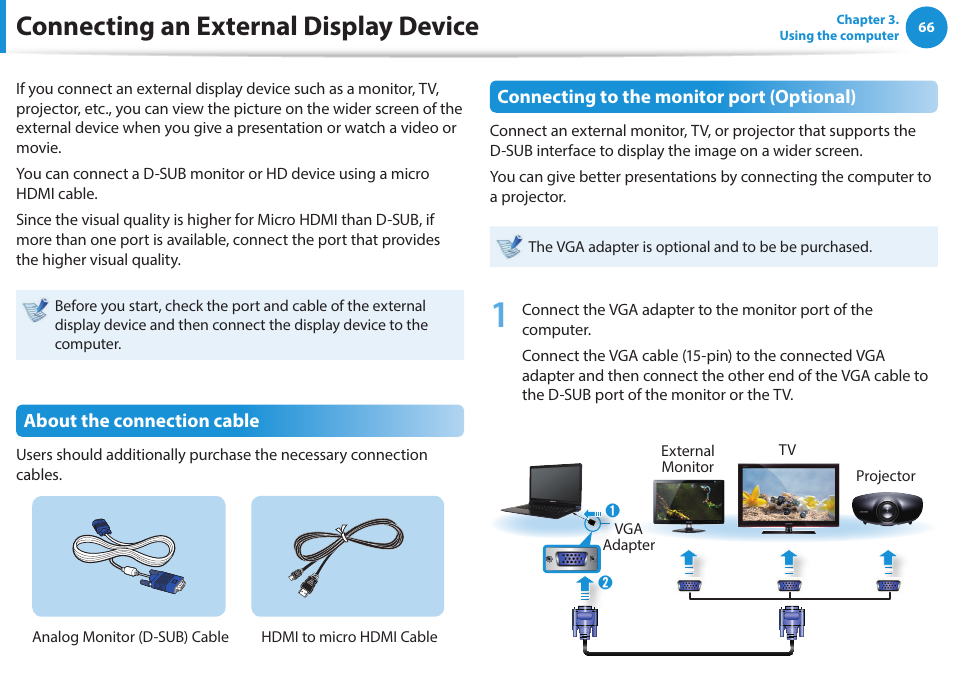 Connecting an external display device | Samsung NP915S3G-K01US User Manual | Page 66 / 145