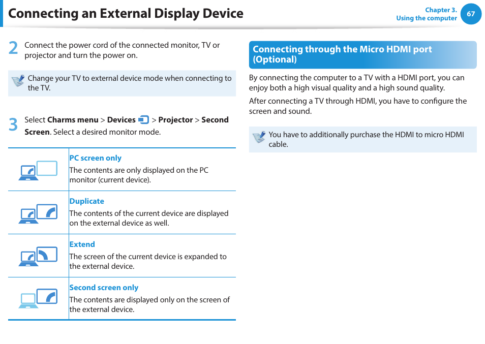 Connecting an external display device, Connecting through the micro hdmi port (optional) | Samsung NP915S3G-K01US User Manual | Page 67 / 145