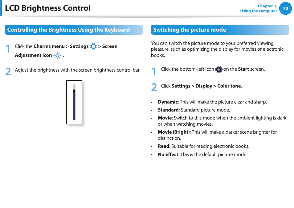 Lcd brightness control | Samsung NP915S3G-K01US User Manual | Page 70 / 145