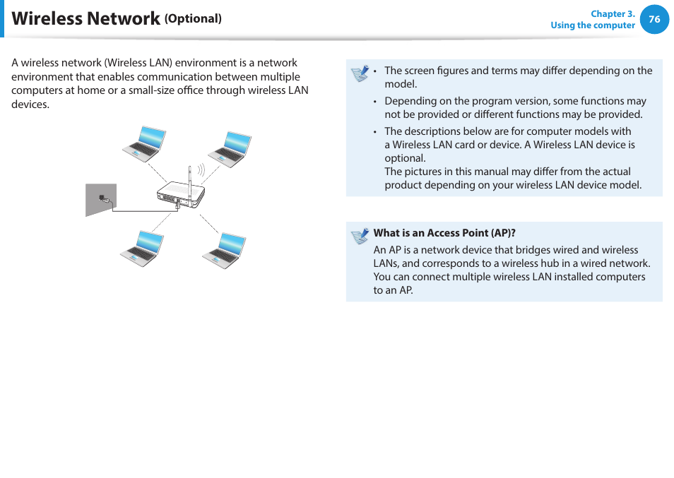 Wireless network (optional), Wireless network | Samsung NP915S3G-K01US User Manual | Page 76 / 145
