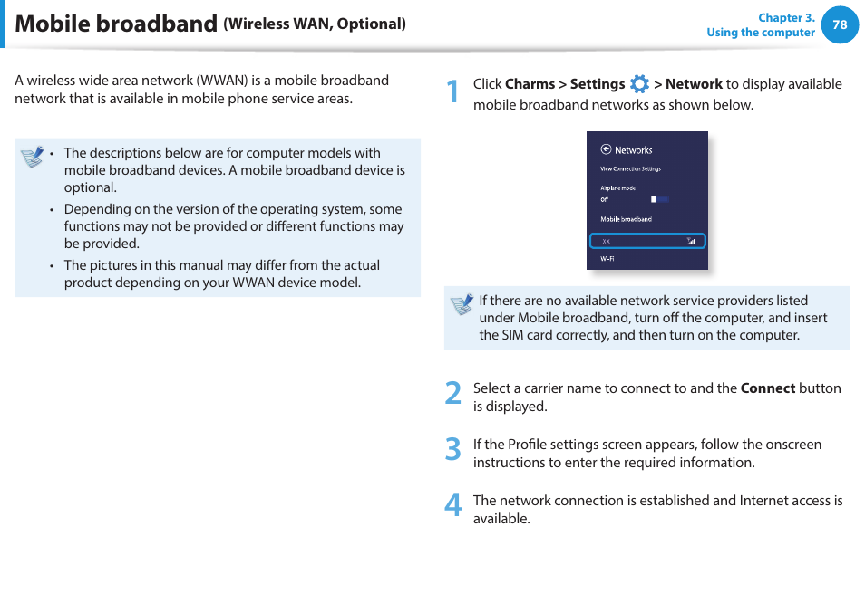 Mobile broadband (wireless wan, optional), Mobile broadband | Samsung NP915S3G-K01US User Manual | Page 78 / 145