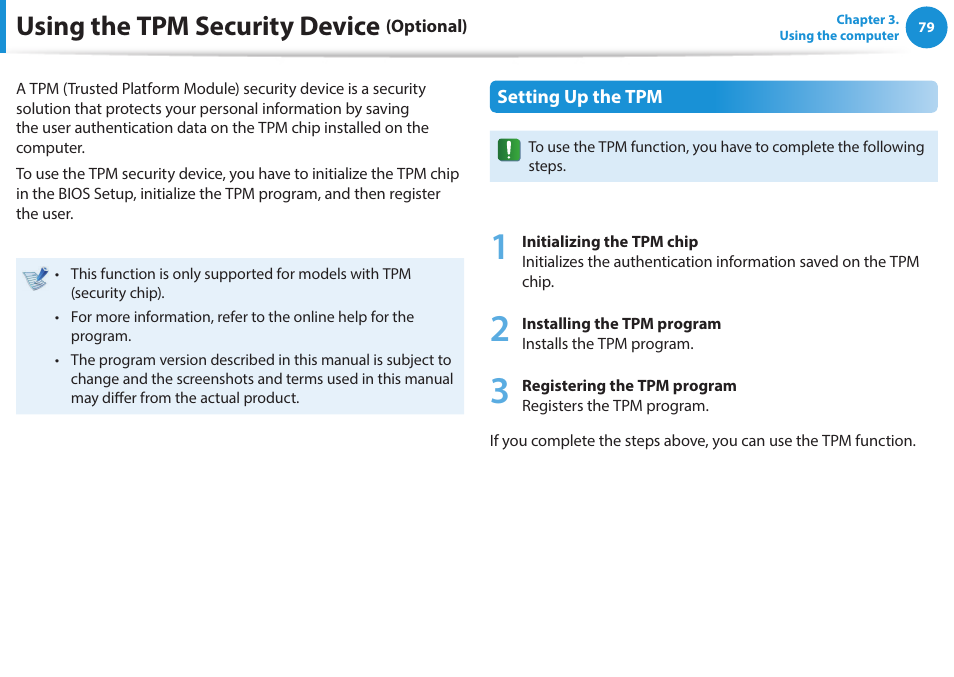 Using the tpm security device (optional), Using the tpm security device | Samsung NP915S3G-K01US User Manual | Page 79 / 145