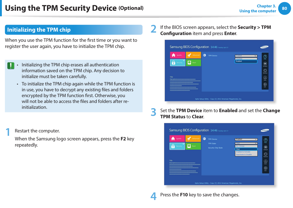 Using the tpm security device, Initializing the tpm chip, Optional) | Samsung NP915S3G-K01US User Manual | Page 80 / 145
