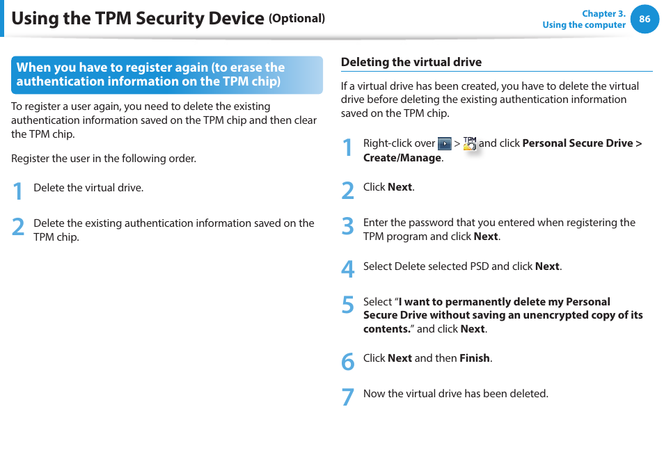 Using the tpm security device | Samsung NP915S3G-K01US User Manual | Page 86 / 145