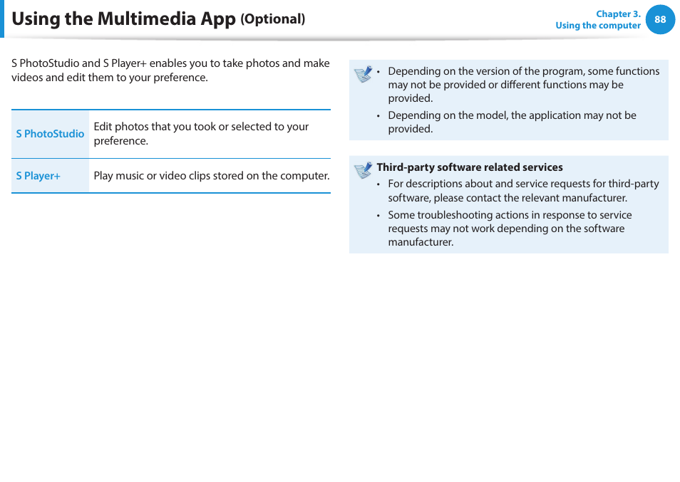 Using the multimedia app (optional), Using the multimedia app, Optional) | Samsung NP915S3G-K01US User Manual | Page 88 / 145