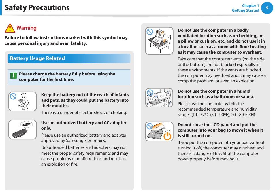 Safety precautions, Battery usage related, Warning | Samsung NP915S3G-K01US User Manual | Page 9 / 145