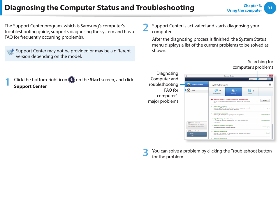 Diagnosing the computer status and troubleshooting, Diagnosing the computer status and, Troubleshooting | Samsung NP915S3G-K01US User Manual | Page 91 / 145