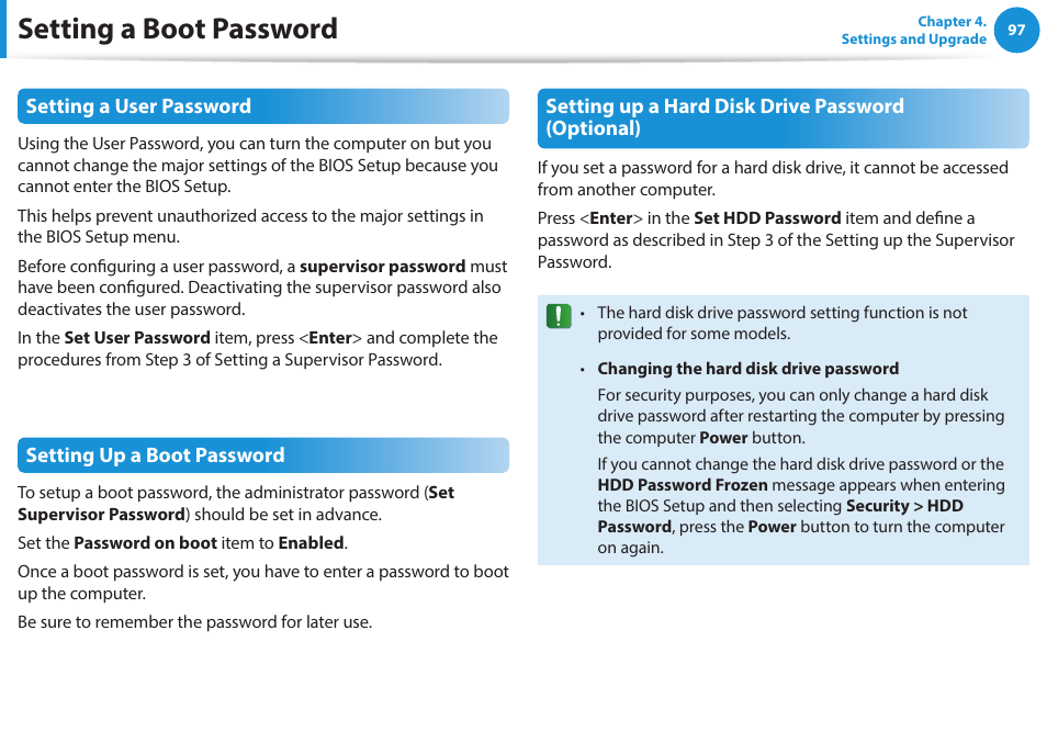 Setting a boot password | Samsung NP915S3G-K01US User Manual | Page 97 / 145